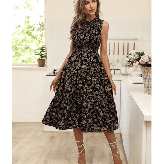 Women's Summer Dresses 2025 Wrap Ruffle Crew Neck Sleeveless Floral Midi Flowy Dress