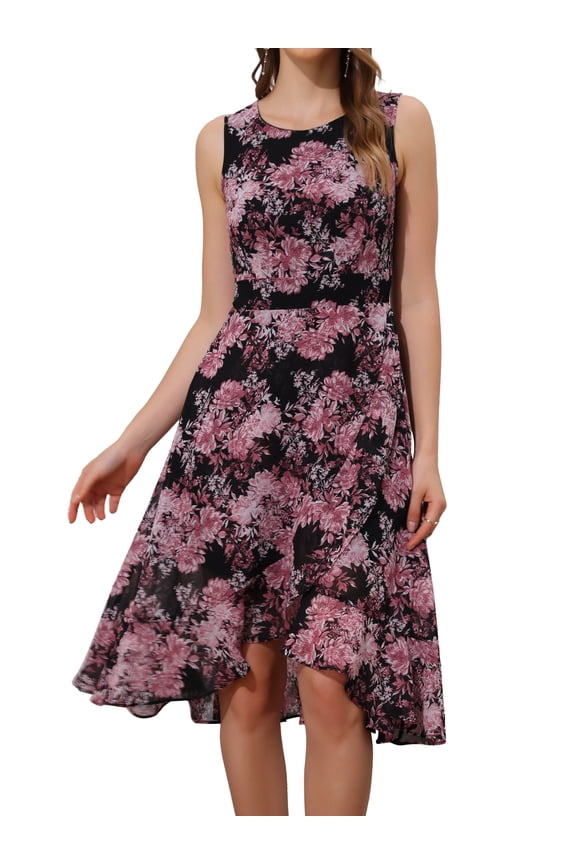 Women's Summer Dresses 2026 Wrap Ruffle High Low Hem Round Neck Keyhole Back Sleeveless Floral Dress XS Black