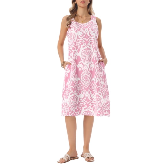 INSPIRE CHIC Women's Summer Dresses Beach Casual Sleeveless Sundress Crewneck Print Loose Midi Tank Dress with Pockets XL Dusty Pink