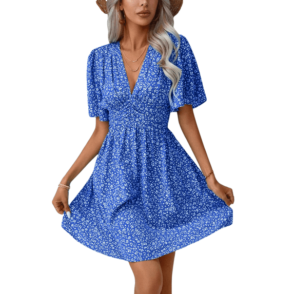 Women's Summer Dresses Boho Midi Sleeve Dress Floral Print V Neck A Line Pleated Casual Fit Elegant Vacation Sundress (Blue,XX-Large)