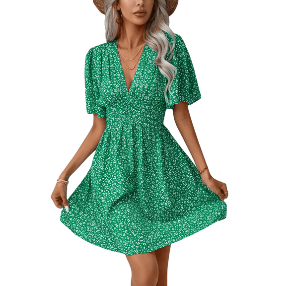 Women's Summer Dresses Boho Midi Sleeve Dress Floral Print V Neck A Line Pleated Casual Fit Elegant Vacation Sundress (Green,X-Large)