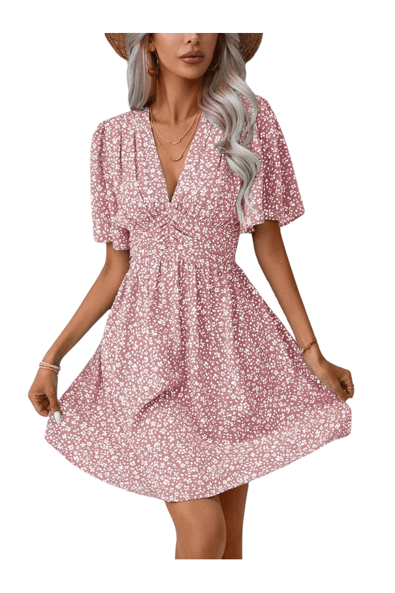 Women's Summer Dresses Boho Midi Sleeve Dress Floral Print V Neck A Line Pleated Casual Fit Elegant Vacation Sundress (Pink,Small)