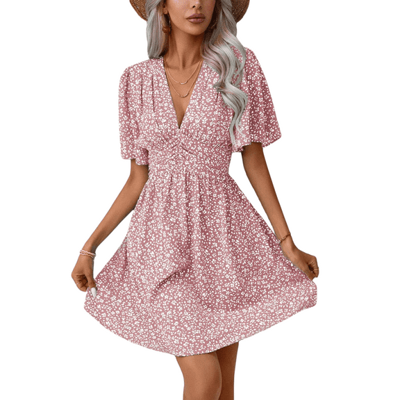 Women's Summer Dresses Boho Midi Sleeve Dress Floral Print V Neck A Line Pleated Casual Fit Elegant Vacation Sundress (Pink,X-Large)
