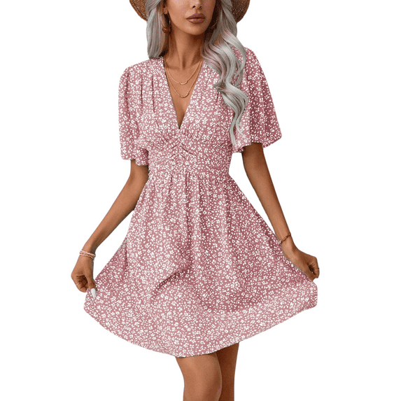 Women's Summer Dresses Boho Midi Sleeve Dress Floral Print V Neck A Line Pleated Casual Fit Elegant Vacation Sundress (Pink,XX-Large)