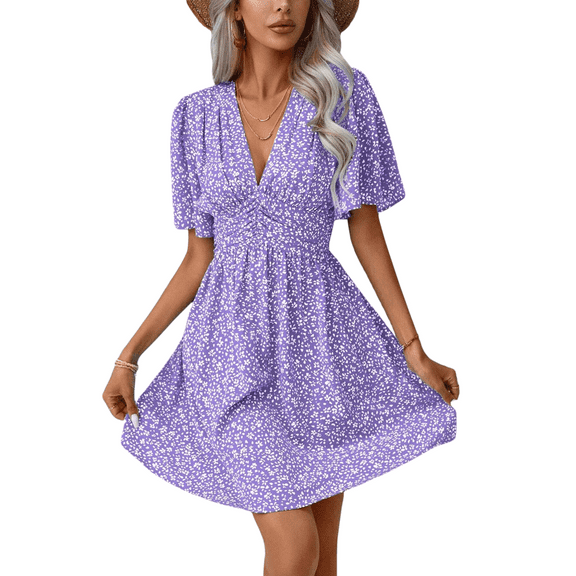 Women's Summer Dresses Boho Midi Sleeve Dress Floral Print V Neck A Line Pleated Casual Fit Elegant Vacation Sundress (Purple,X-Large)