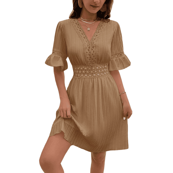 Women's Summer Dresses Boho Patchwork Lace Fashion Dress V Neck Solid Elegant Short Party Casual Fit Elegant Vacation Sundress (Khaki,X-Large)