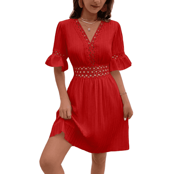 Women's Summer Dresses Boho Patchwork Lace Fashion Dress V Neck Solid Elegant Short Party Casual Fit Elegant Vacation Sundress (Red,Small)