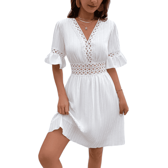 Women's Summer Dresses Boho Patchwork Lace Fashion Dress V Neck Solid Elegant Short Party Casual Fit Elegant Vacation Sundress (White,Large)
