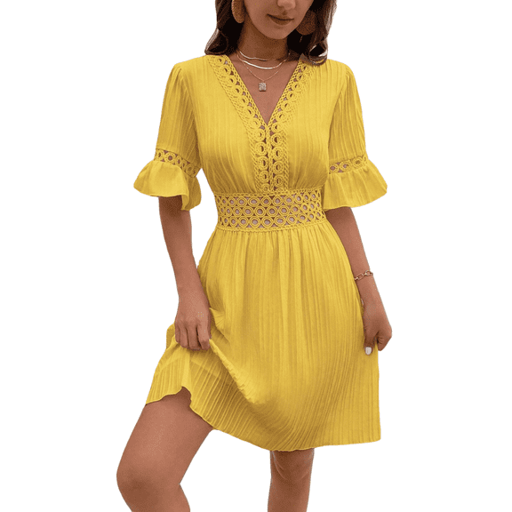 Women's Summer Dresses Boho Patchwork Lace Fashion Dress V Neck Solid Elegant Short Party Casual Fit Elegant Vacation Sundress (Yellow,Small)