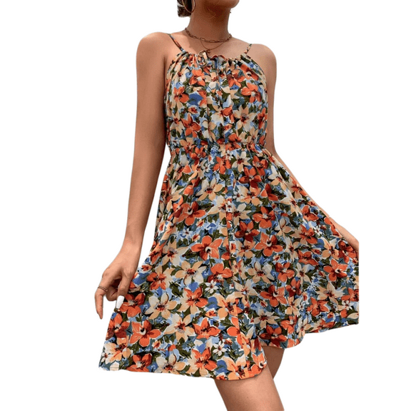 Women's Summer Dresses Boho Sleeveless Dress Halter Floral Short Party Casual Fit Elegant Vacation Sundress (Orange,Small)