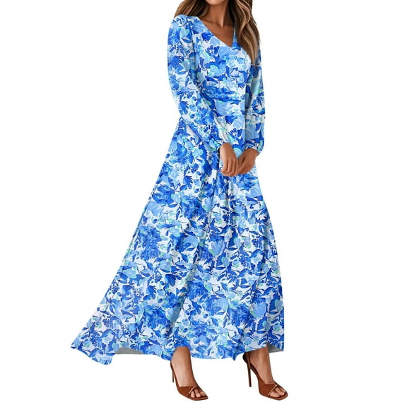 Women's Summer Dresses Casual Long Sleeve Maxi Dresses with Cute Floral Print and V-Neck, Flowy and Romantic for Wedding Guest or Daily Wear,Blue,Size 2XL
