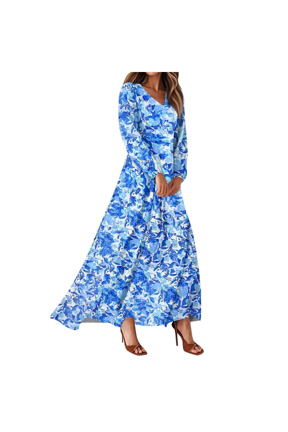 Women's Summer Dresses Casual Long Sleeve Maxi Dresses with Cute Floral Print and V-Neck, Flowy and Romantic for Wedding Guest or Daily Wear,Blue,Size 2XL