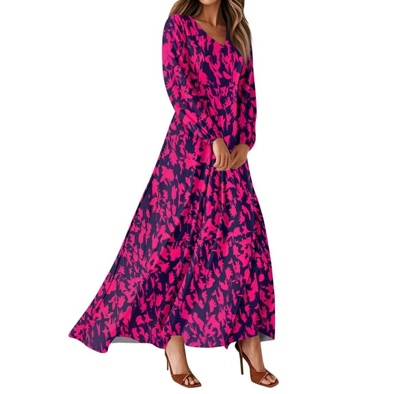 Women's Summer Dresses Casual Long Sleeve Maxi Dresses with Cute Floral Print and V-Neck, Flowy and Romantic for Wedding Guest or Daily Wear,Hot Pink,Size 2XL
