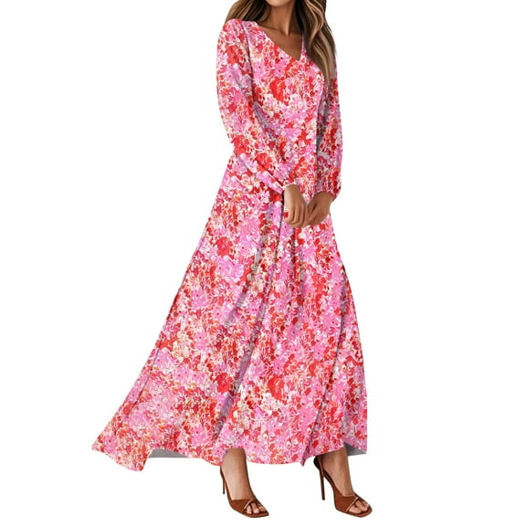 Women's Summer Dresses Casual Long Sleeve Maxi Dresses with Cute Floral Print and V-Neck, Flowy and Romantic for Wedding Guest or Daily Wear,Pink,Size S