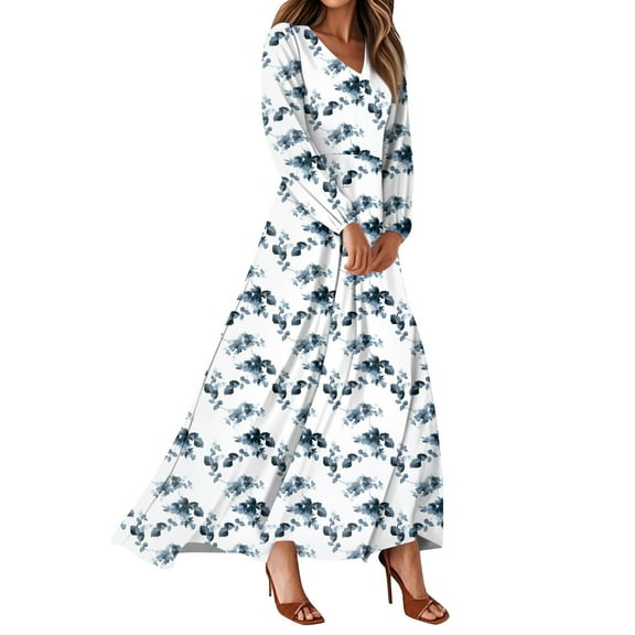 Women's Summer Dresses Casual Long Sleeve Maxi Dresses with Cute Floral Print and V-Neck, Flowy and Romantic for Wedding Guest or Daily Wear,Yellow,Size S