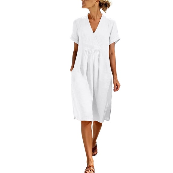 Women's Summer Dresses Casual Short Sleeve V Neck Elegant A-Line Dress Flowy Trendy Beach Vacation Midi Dress with Pockets