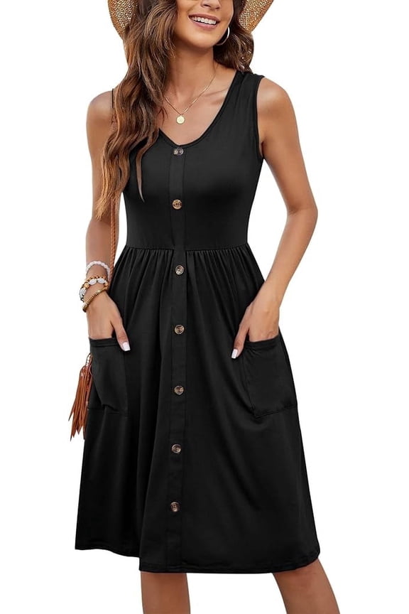 Women's Summer Dresses Casual Sleeveless Sundress Loose Button Elastic Waist Maternity Midi Dress with Pockets Black