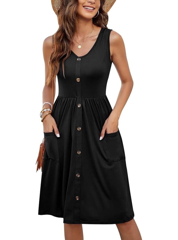 Women's Summer Dresses Casual Sleeveless Sundress Loose Button Elastic Waist Maternity Midi Dress with Pockets Black