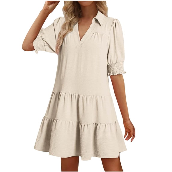 Women's Summer Dresses Casual Turndown Collar Short Sleeve Fold Solid Color V-Neck Wedding Guest Dress