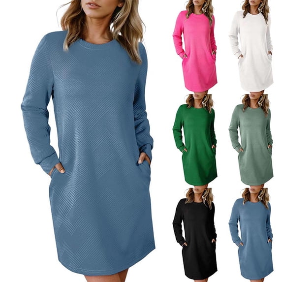 Women's Summer Dresses Fashionable Solid Color Long Sleeved Round Neck Pocket Casual Fall Dress Loose Flowy Beach Sundress