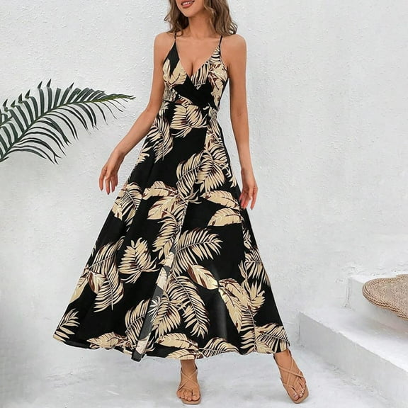 Women's Summer Dresses Floral Print Spaghetti Strap Maxi Dress with Side Slit for Beach Party Island Vacation Flowy Sundress