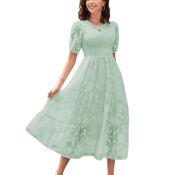 Women's Summer Dresses Layered Floral Fashion Maxi Dress Round Neck Pleated Bubble Sleeve Elegant Party Casual Fit Elegant Vacation Sundress (Green,Medium)