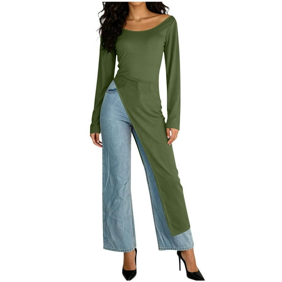 Women's Summer Dresses Long-Sleeve Asymmetrical Dress Jumpsuit Fashion Round Neck Solid Outfit Loose Flowy Beach Sundress