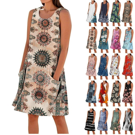 Women's Summer Dresses Ndbuld Printing Casual Sleeveless Linen Loose Fitting Midi Dress With Pockets,Size S-XXXL