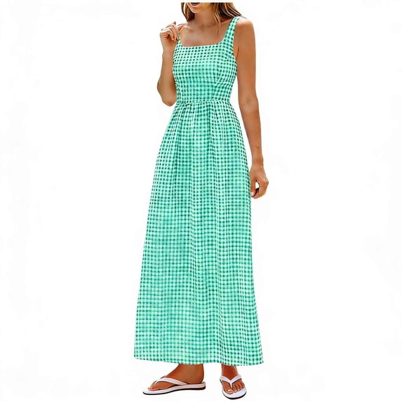 Women's Summer Dresses Plaid Flowy Maxi Beach Dress Sleeveless Square Neck A-Line Casual Beach Vacation Long Sundress