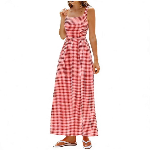 Women's Summer Dresses Plaid Flowy Maxi Beach Dress Sleeveless Square Neck A-Line Casual Beach Vacation Long Sundress