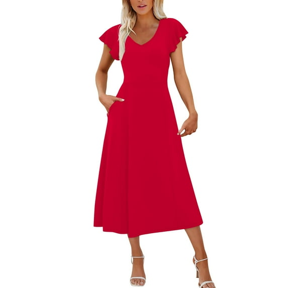 Women's Summer Dresses Plus Size Solid Color Lace Short Sleeved Round Neck Mid Length Wedding Guest Dress