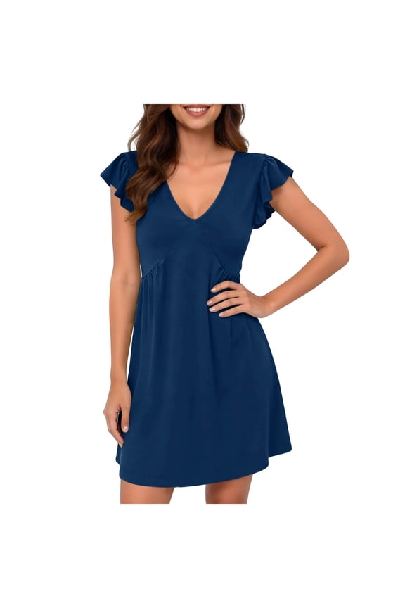 Women's Summer Dresses Ruffle Flutter Sleeve Beach Dress V Neck Loose Casual Vacation Dress Blue, M