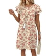 thumbnail image 1 of Women's Summer Dresses Ruffle Sleeve Round Neck Loose Swing Sundresses with Pockets Plain/Print Beige Floral L, 1 of 7