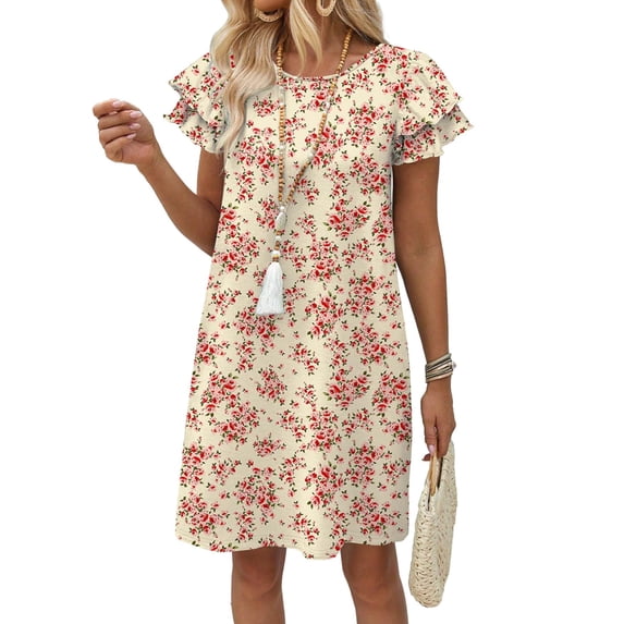 Women's Summer Dresses Ruffle Sleeve Round Neck Loose Swing Sundresses with Pockets Plain/Print Beige Floral L