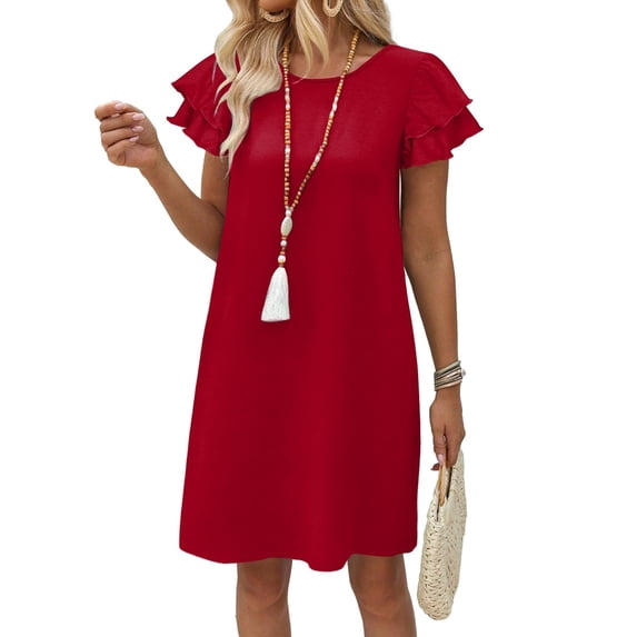 Women's Summer Dresses Ruffle Sleeve Round Neck Loose Swing Sundresses with Pockets Plain/Print Red S