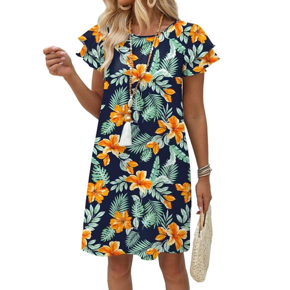 Women's Summer Dresses Ruffle Sleeve Round Neck Loose Swing Sundresses with Pockets Plain/Print Tropical Flowers M