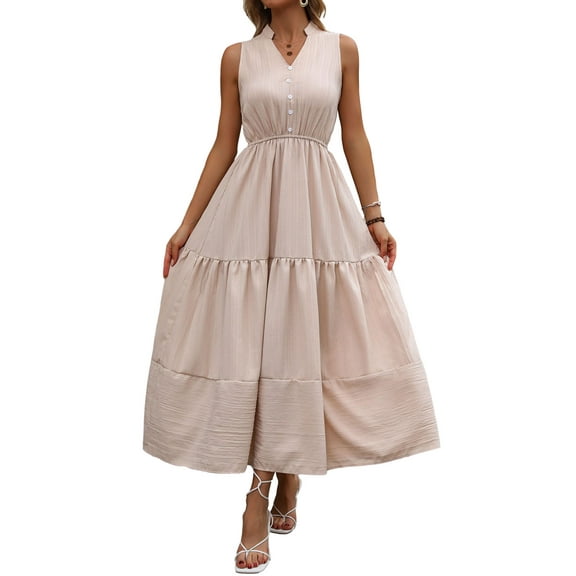 Women's Summer Dresses Short Sleeve Boho Maxi Dress Fashion V Neck A Line Button Down Solid Elegant High Waist Vacation Sundress (Apricot,X-Large)