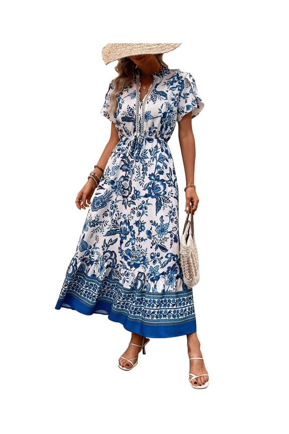 Women's Summer Dresses Short Sleeve Boho Maxi Dress Floral Print V Neck A Line Lace Elegant High Waist Vacation Sundress (Blue,Medium)