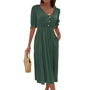 Women's Summer Dresses Short Sleeve Maxi Dress Fashion V Neck A Line Loose Fit Solid Elegant High Waist Vacation Sundress (Army Green,X-Large)