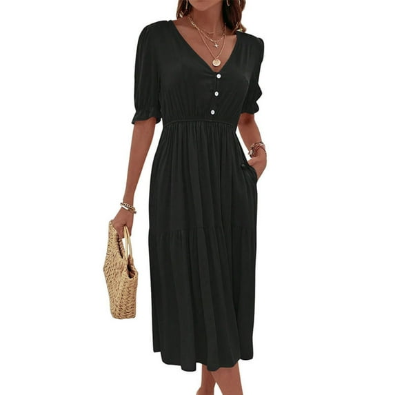 Women's Summer Dresses Short Sleeve Maxi Dress Fashion V Neck A Line Loose Fit Solid Elegant High Waist Vacation Sundress (Black,Large)