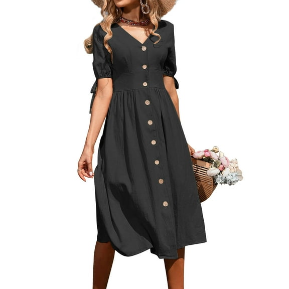 Women's Summer Dresses Short Sleeve Midi Dress 2024 Fashion V Neck A Line Loose Fit Solid Button Down Elegant Beach Vacation Sundress (Black,X-Large)