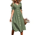 thumbnail image 1 of Women's Summer Dresses Short Sleeve Midi Dress 2024 Fashion V Neck A Line Loose Fit Solid Button Down Elegant Beach Vacation Sundress (Green,X-Large), 1 of 6
