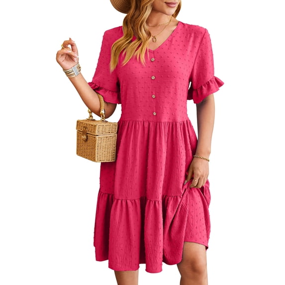 Women’s Summer Dresses Short Sleeve Polka Dot Ruffle Casual Loose Slit Beach Midi Dresses Tunic Work Top (Red,Small)