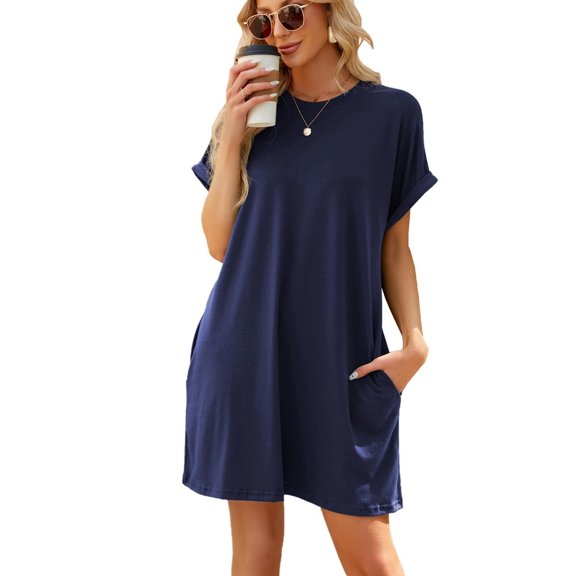 Women’s Summer Dresses Short Sleeve T-Shirt Dress Casual Loose Slit Beach Mini Vacation Dresses Tunic Top (Navy blue,Large)