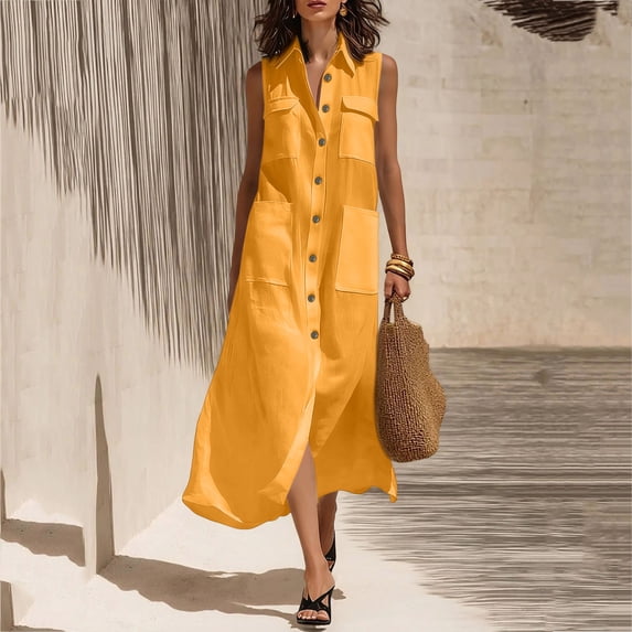 Women's Summer Dresses Sleeveless Button Down Linen Maxi Shirt Collared Loose Flowy Long Dress with Side Pockets Soft Breathable Linen Casual Outfit for Vacation Beach Daily Wear