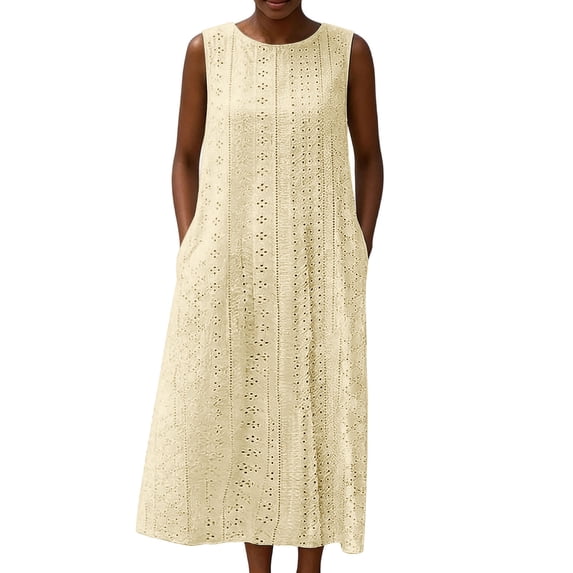 Women's Summer Dresses Sleeveless Round Neck Eyelet Embroidered A-Line Maxi Dress Breathable Vacation Boho Resort Sundress Yellow 2XL