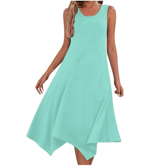 Women's Summer Dresses Sleeveless Round Neck Solid Color Drawstring Mini Dress Mint Green