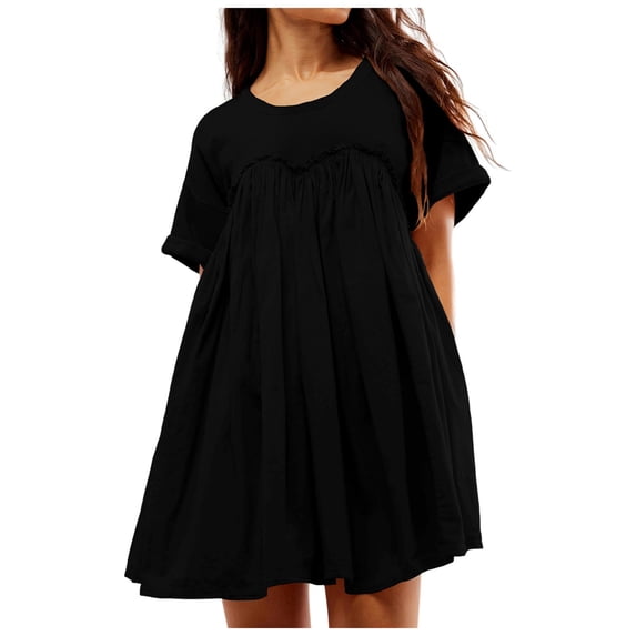 Women's Summer Dresses Sleeveless Ruffle Sleeve Round Neck Solid Loose Short Flowy Pleated Mini Babydoll Dress