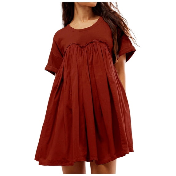 Women's Summer Dresses Sleeveless Ruffle Sleeve Round Neck Solid Loose Short Flowy Pleated Mini Dress