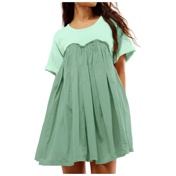 Women's Summer Dresses Sleeveless Ruffle Sleeve Round Neck Solid Loose Short Flowy Pleated Mini Dress